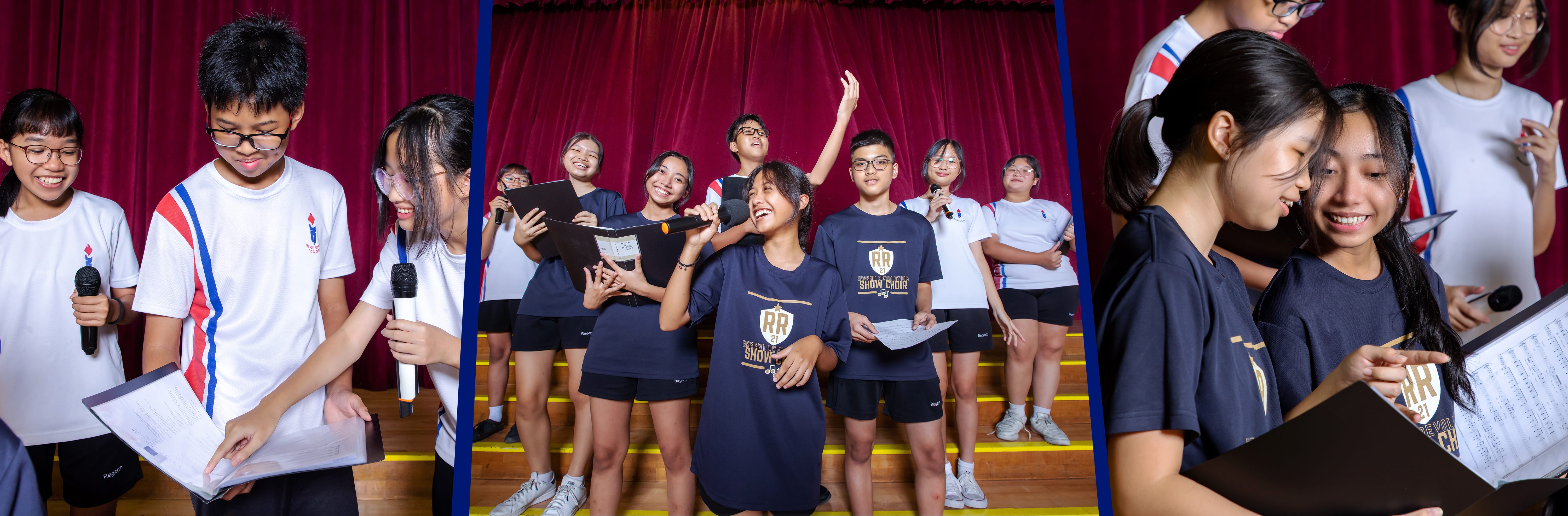 Students in school uniforms perform and rehearse on a stage with a red curtain backdrop, holding microphones and sheet music.